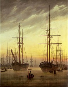 Caspar David Friedrich, »Ansicht eines Hafens«, 1816. Die Himmelsfärbung hat der Ausbruch des Tambora bewirkt.