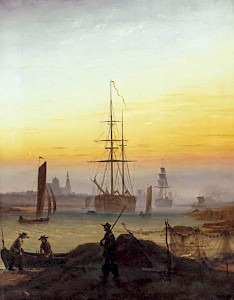 Caspar David Friedrich, »Schiffe im Hafen von Greifswald«, 1818/20. Ein tieforangefarbener Wolkenschleier hängt über der Landschaft. Das Gemälde entstand drei Jahre nach der Tambora-Eruption.