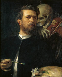 Arnold Böcklin, »Selbstbildnis mit fiedelndem Tod«, Öl auf Leinwand, 75 cm × 61 cm, 1872, Nationalgalerie, Staatliche Museen Preußischer Kulturbesitz, Berlin