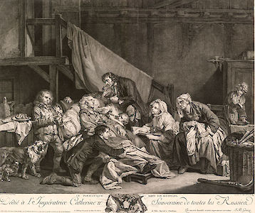 Die Familie umsorgt den gelähmten Vater: Kupferstich von Jean Jacques Flipart, 1767, nach einem Gemälde von Jean-Baptiste Greuze,