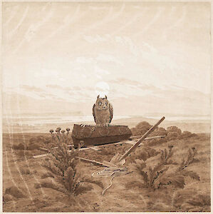 Eine Eule auf einem Sarg, um 1837, Sepia Tinte / Stift auf Papier, 38,5 x 38,3 cm, Hamburg, Kunsthalle