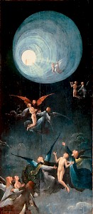 Hieronymus Bosch: Der Flug zum Himmel(Fragment eines verlorenen Weltgerichtsaltars), Öl auf Holz,87 x 40 cm, entstanden 1500 –1504, Dogenpalast Venedig.Bosch wurde um 1450 als Sohn einer anerkannten Malerfamiliein s’-Hertogenbosch geboren, wo er auch 1516 starb.