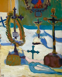 Gabriele Münter,Grabkreuze in Kochel,Öl auf Leinwand,40,5 x 32,8 cm,Original in derStädtischen Galerie imLenbachhaus