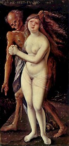 Hans Baldung, »Der Tod und das Mädchen«, 30,3 x 14,7 cm, Gefirnißte Tempera auf Lindenholz, Standort: Kunstmuseum Basel, entstanden 1517.